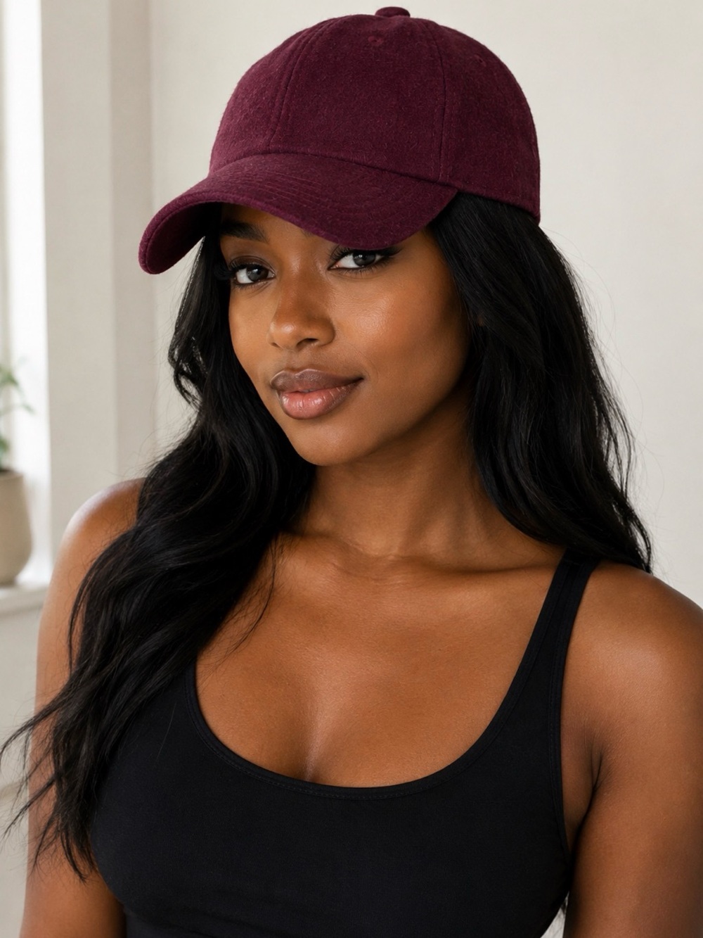 Burgundy Wool Blend Adjustable Strap Baseball Cap Hat | One Size Adjustable